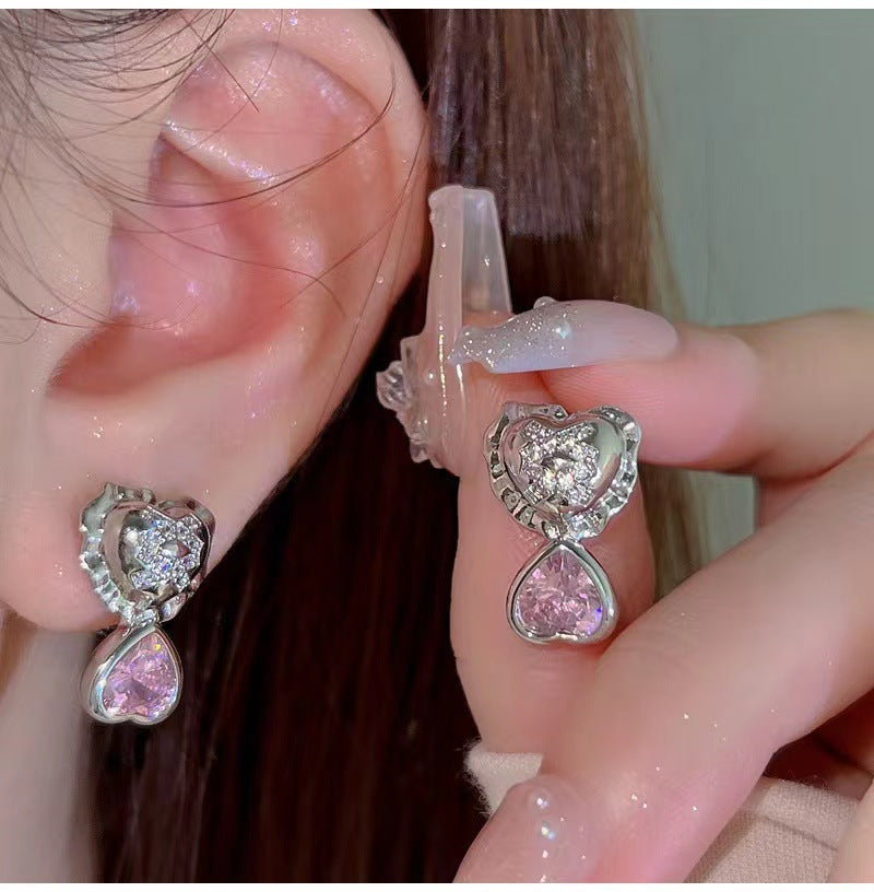 Wholesale Pink Diamond Sweet Cool Double Heart Alloy Earrings